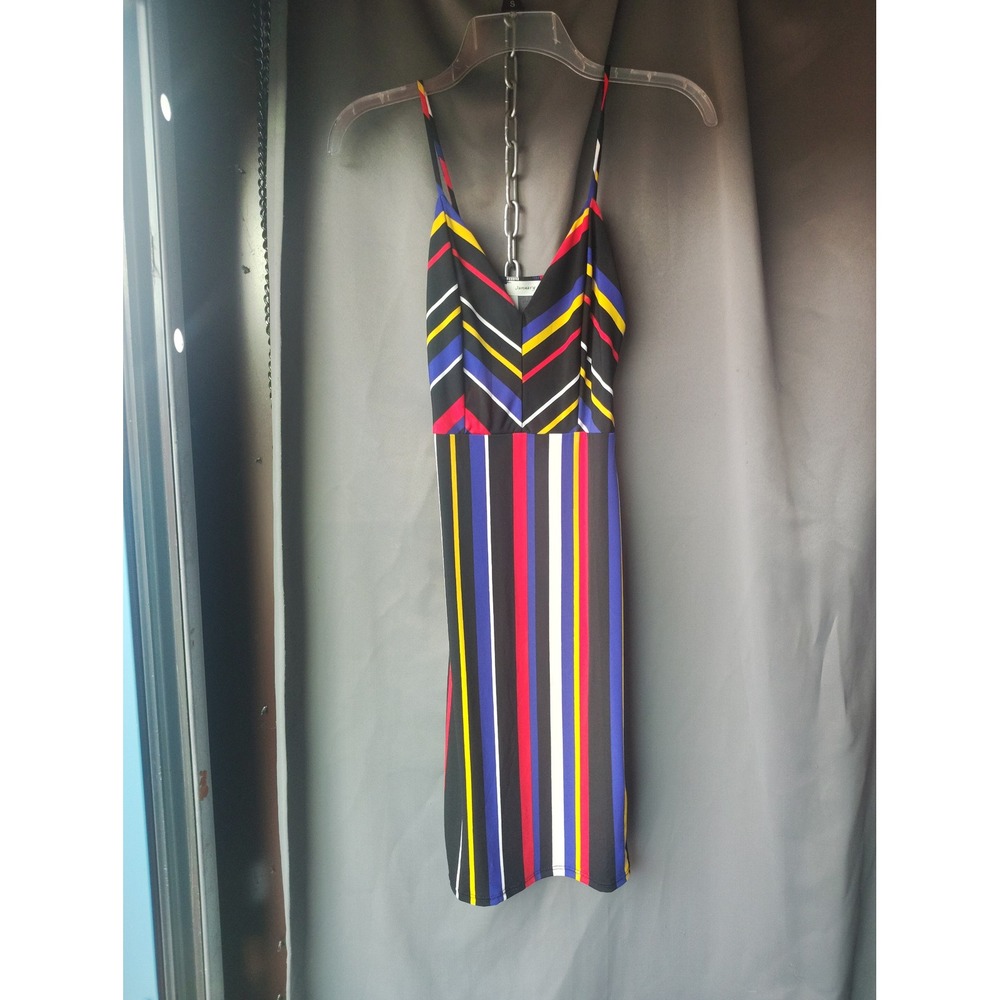 January 7‎ USA Womens Multi Color Striped Bodycon Mini Dress V-Neck Small D3862